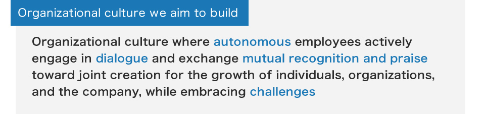 Organizational culture where autonomous employees actively engage in dialogue and exchange mutual recognition and praise toward joint creation for the growth of individuals, organizations, and the company, while embracing challenges